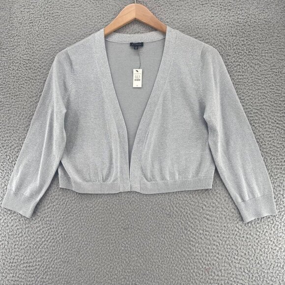 Talbots Sweater Womens Medium Silver Shimmer Shrug Cardigan Stretch Event NWT - Picture 1 of 9